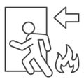 Fire exit thin line icon. Emergency evacuation outline style pictogram on white background. Flame and doorway with human Royalty Free Stock Photo