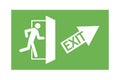 Fire exit up and to the right. A man running at the door. Green evacuation sign. Stock image Royalty Free Stock Photo