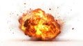 Fire explosion on white background. Yellow and orange flame after a blast, fiery background Royalty Free Stock Photo