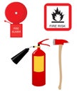 Fire extinguisher, alarm bell, fire risk sign and axe Royalty Free Stock Photo