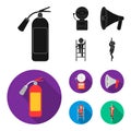 Fire extinguisher, alarm, megaphone, fireman on the stairs. Fire departmentset set collection icons in black, flat style