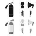 Fire extinguisher, alarm, megaphone, fireman on the stairs. Fire departmentset set collection icons in black,monochrom