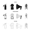 Fire extinguisher, alarm, megaphone, fireman on the stairs. Fire departmentset set collection icons in black,monochrome