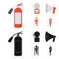 Fire extinguisher, alarm, megaphone, fireman on the stairs. Fire departmentset set collection icons in cartoon,black