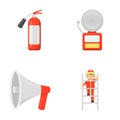 Fire extinguisher, alarm, megaphone, fireman on the stairs. Fire departmentset set collection icons in cartoon style