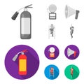 Fire extinguisher, alarm, megaphone, fireman on the stairs. Fire departmentset set collection icons in monochrome,flat Royalty Free Stock Photo