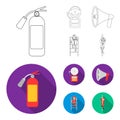 Fire extinguisher, alarm, megaphone, fireman on the stairs. Fire departmentset set collection icons in outline,flat