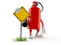 Fire extinguisher character with blank road sign Royalty Free Stock Photo