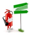 Fire extinguisher character with blank signpost Royalty Free Stock Photo