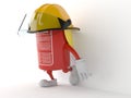 Fire extinguisher character leaning on wall on white background Royalty Free Stock Photo