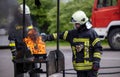 Fire extinguisher demonstration with burning fire