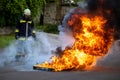 Fire extinguisher demonstration with burning fire