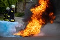 Fire extinguisher demonstration with burning fire