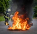 Fire extinguisher demonstration with burning fire