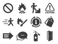 Fire safety, emergency icons. Extinguisher sign. Vector Royalty Free Stock Photo