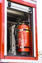 Fire extinguisher of a fire truck on a firefighting show