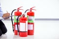 Fire extinguisher has engineer inspection checking prepare fire equipment for protection Royalty Free Stock Photo