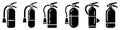 Fire extinguisher icons set. Black emergency fire extinguisher icon.