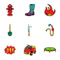 Fire extinguisher icons set, cartoon style