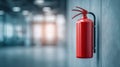 Fire extinguisher mounted on a wall in a modern office hallway. Royalty Free Stock Photo