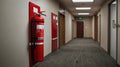 Fire extinguisher mounted on wall in office hallway viewed on a sunny day Royalty Free Stock Photo