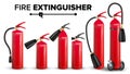 Fire Extinguisher Set Vector. Different Types. Metal Glossiness 3D Realistic Red Fire Extinguisher Isolated Illustration