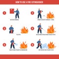 Fire extinguisher use manual with fireman in protective helmet, flat vector illustration on white background. Royalty Free Stock Photo