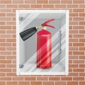 Fire Extinguisher In Wall Niche Vector. Realistic Red Fire Extinguisher Illustration