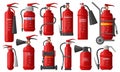 Fire extinguishers, firefighting, fire protection, safety extinguisher equipment. Flame fighting safety equipment vector Royalty Free Stock Photo