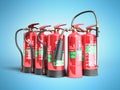 Fire extinguishers isolated on blue background Various types of Royalty Free Stock Photo