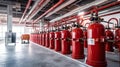 Fire extinguishers in a row in a building under construction. Industry. Generative AI Royalty Free Stock Photo