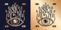 Fire eye. Tarot hell card. Vintage gold magic gypsy tattoo. Mystic spiritual logo. Ethnic Boho art. Bohemian reader Royalty Free Stock Photo