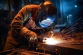 Fire factory work skill job worker metal welding welder safety industrial steel Royalty Free Stock Photo