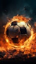 Fire and fervor, stadiums playing field hosts a blazing soccer ball, sparking excitement