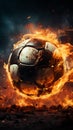 Fire and fervor, stadiums playing field hosts a blazing soccer ball, sparking excitement