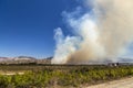 Fire in a field of albanian farm and thick clouds of smoke in the sky. Albania