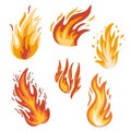 Fire. Fiery flame, bright fireball, thermal forest fire and a red-hot bonfire. Flames of different shapes. Vector fire flame icons Royalty Free Stock Photo