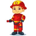 Fire Fighter Boy Ready To Spray With Fire Extinguisher