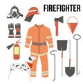 Fire-fighter elements set collection. firefighter mask, helmet,