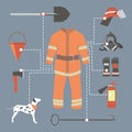 Fire-fighter elements set collection. firefighter mask, helmet,