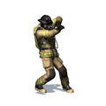 Fire fighter retreats from flame on white background Royalty Free Stock Photo