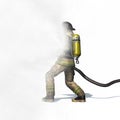 Fire fighter with water hose on white background Royalty Free Stock Photo