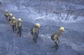 Fire fighters crossing charred terrain, Los Angeles Padres National Forest, California Royalty Free Stock Photo