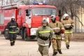 Fire fighters during the emergency training at Narvskaya HPP Royalty Free Stock Photo