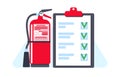 Fire fighting checklist. Extinguisher and paper tablet with checkmarks. Document at clipboard. Firefighting safety