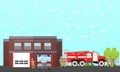 Fire fighting department vector banner. Station and firefighters. Truck, building Royalty Free Stock Photo