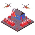 Fire fighting emergency rescue equipment extinguished burning house vector illustration. Fire engines, helicopters.