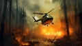 Fire fighting helicopter carry water bucket to extinguish the forest fire Royalty Free Stock Photo