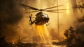 Fire fighting helicopter carry water bucket to extinguish the forest fire Royalty Free Stock Photo