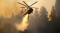 Fire fighting helicopter carry water bucket to extinguish the forest fire Royalty Free Stock Photo